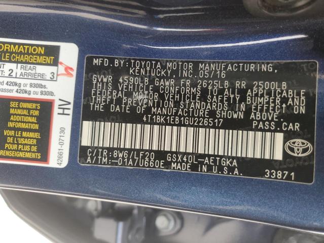 4T1BK1EB1GU226517 - 2016 TOYOTA AVALON XLE BLUE photo 12