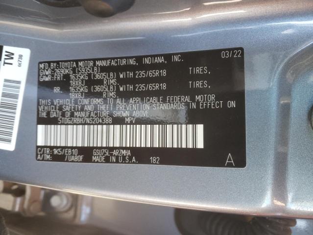 5TDGZRBH7NS204388 - 2022 TOYOTA HIGHLANDER XLE ლურჯი ფოტო 13