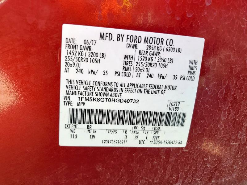 1FM5K8GT0HGD40732 - 2017 FORD EXPLORER SPORT RED photo 13