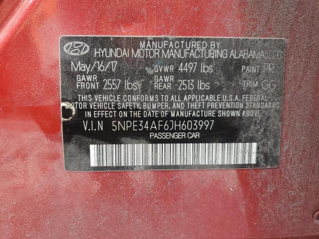 5NPE34AF6JH603997 - 2018 HYUNDAI SONATA SPORT Czerwony zdjęcie 12