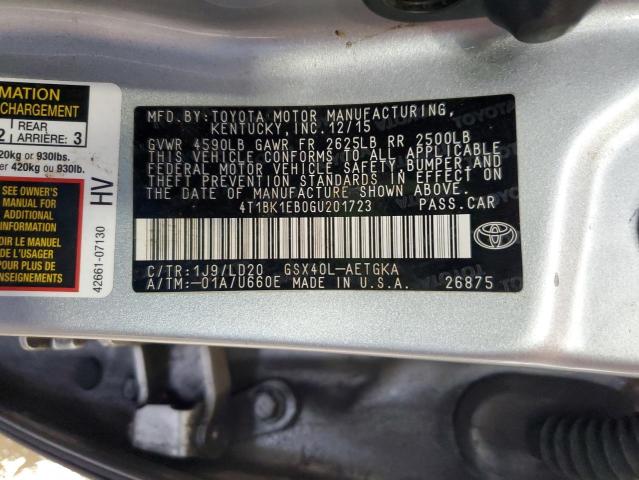 4T1BK1EB0GU201723 - 2016 TOYOTA AVALON XLE ვერცხლისფერი ფოტო 12