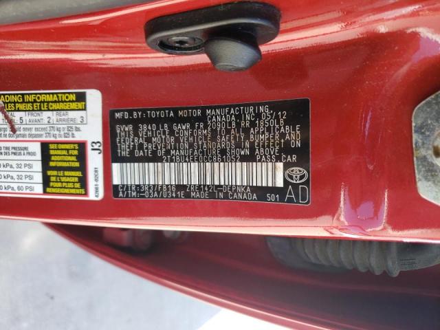 2T1BU4EE0CC861052 - 2012 TOYOTA COROLLA BASE RED photo 10