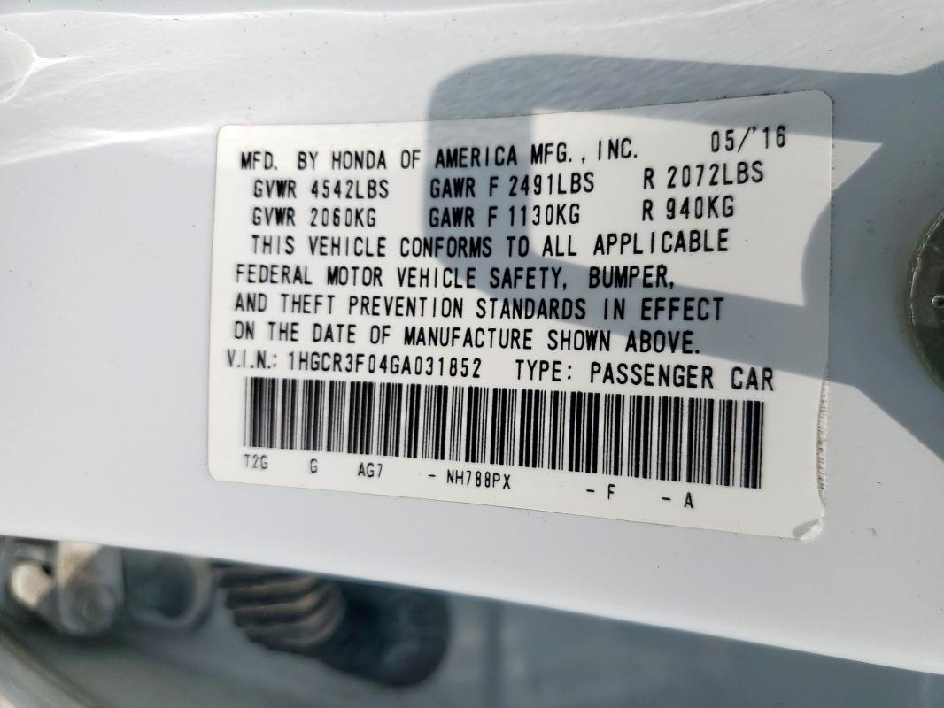 1HGCR3F04GA031852 - 2016 HONDA ACCORD EXL WHITE photo 13