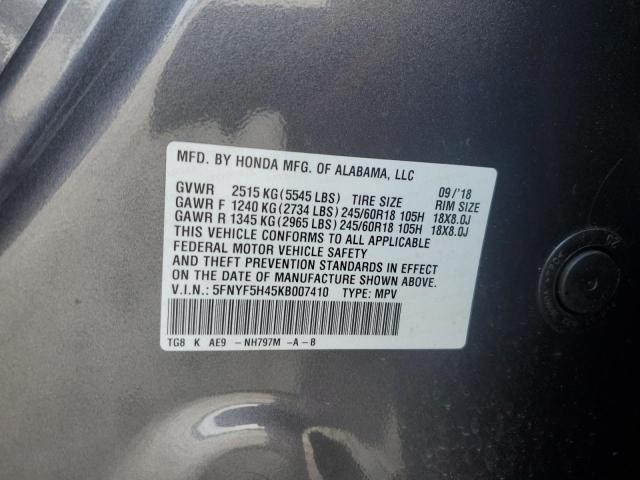 5FNYF5H45KB007410 - 2019 HONDA PILOT EXL GRAY photo 13