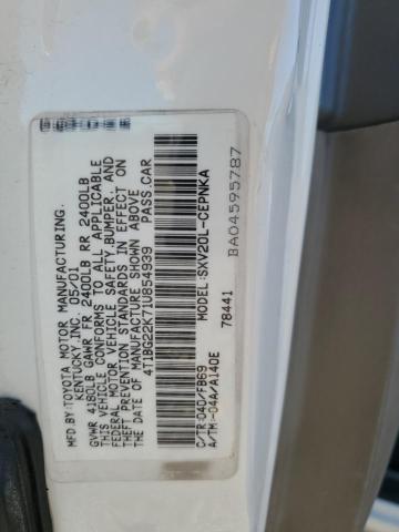 4T1BG22K71U854939 - 2001 TOYOTA CAMRY CE WHITE photo 12