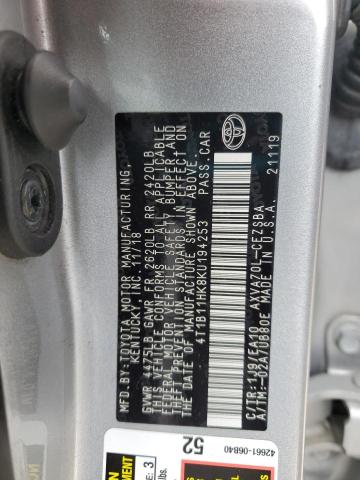 4T1B11HK8KU194253 - 2019 TOYOTA CAMRY L SILVER photo 13