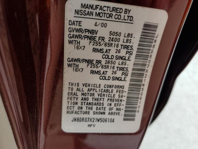 JN8DR07X21W506104 - 2001 NISSAN PATHFINDER LE BURGUNDY photo 14