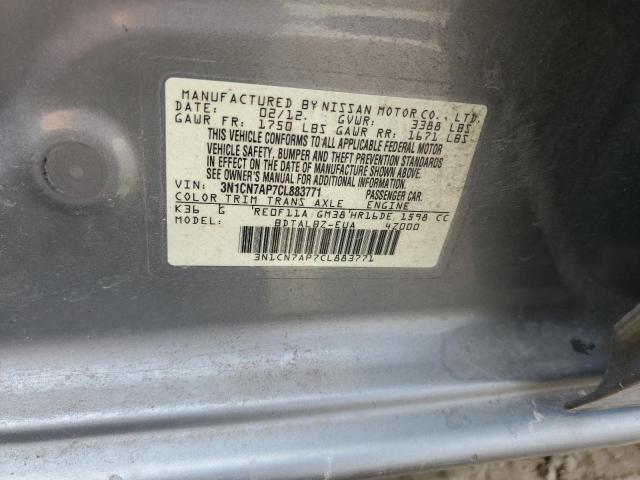 3N1CN7AP7CL883771 - 2012 NISSAN VERSA S SILVER photo 12