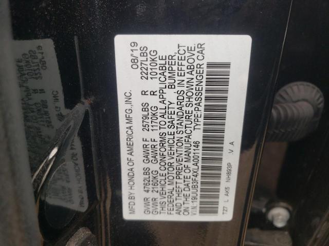 19UUB3F4XLA001146 - 2020 ACURA TLX TECHNOLOGY შავი ფოტო 12