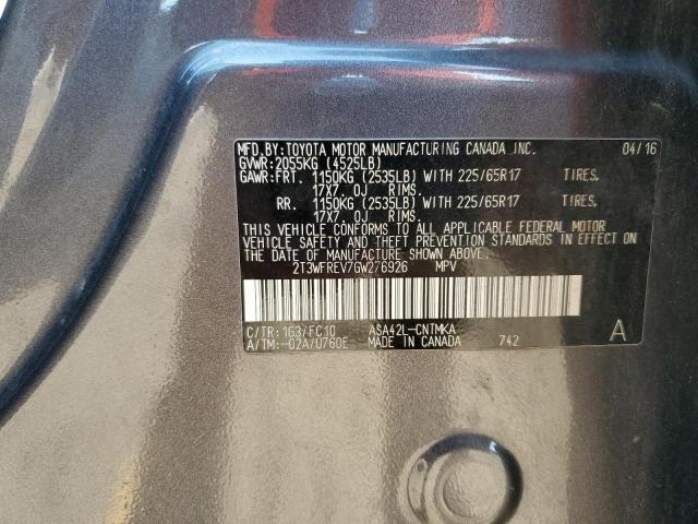 2T3WFREV7GW276926 - 2016 TOYOTA RAV4 XLE GRAY photo 12