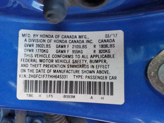 2HGFC1F77HH645331 - 2017 HONDA CIVIC EXL 蓝色 照片 13