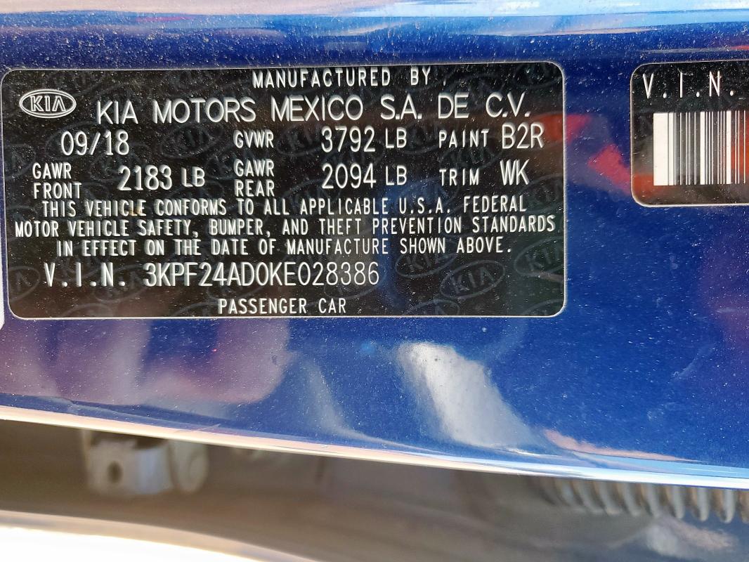 3KPF24AD0KE028386 - 2019 KIA FORTE FE ლურჯი ფოტო 12