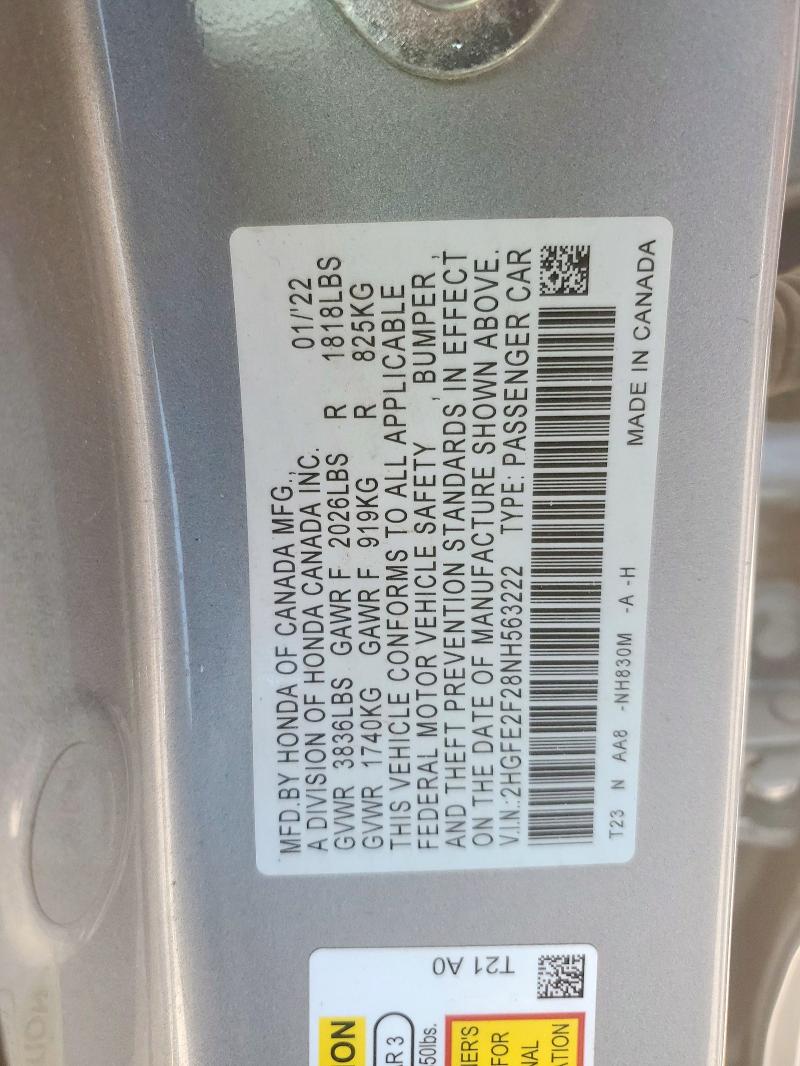 2HGFE2F28NH563222 - 2022 HONDA CIVIC LX SILVER photo 12