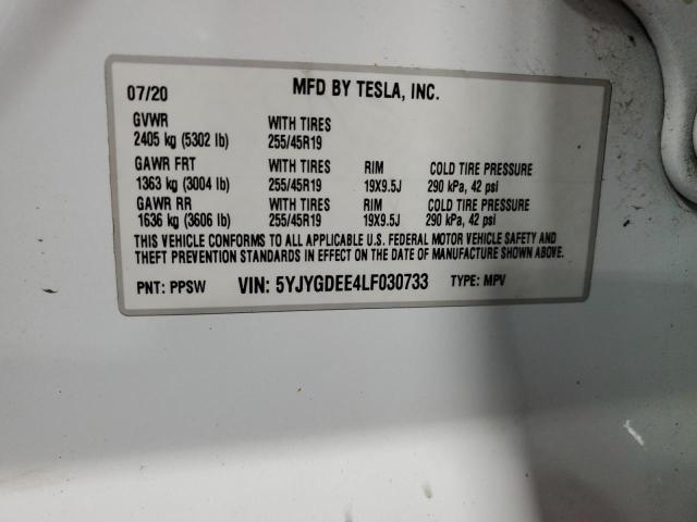 5YJYGDEE4LF030733 - 2020 TESLA MODEL Y WHITE photo 14
