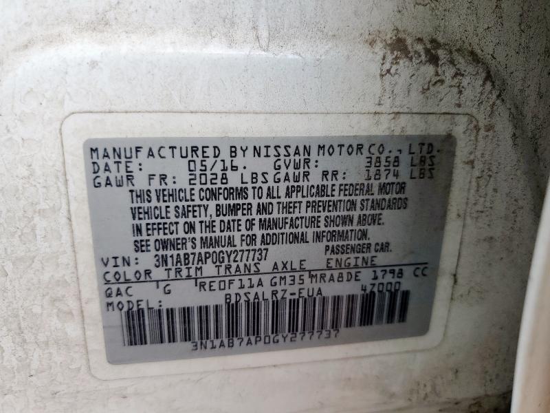 3N1AB7AP0GY277737 - 2016 NISSAN SENTRA S 白色 照片 12