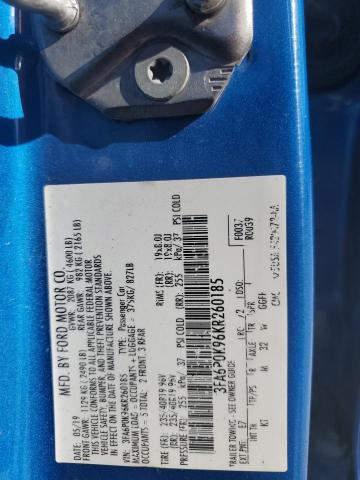 3FA6P0K96KR260185 - 2019 FORD FUSION TITANIUM ლურჯი ფოტო 12