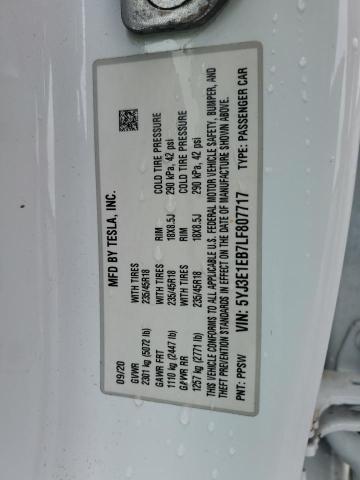 5YJ3E1EB7LF807717 - 2020 TESLA MODEL 3 Ağ foto 12
