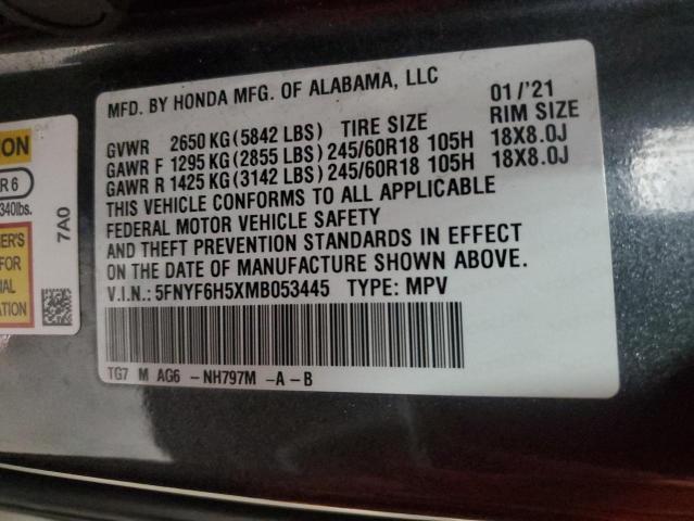5FNYF6H5XMB053445 - 2021 HONDA PILOT EXL ნაცრისფერი ფოტო 13