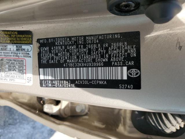4T1BE32K84U939966 - 2004 TOYOTA CAMRY LE BEIGE photo 12