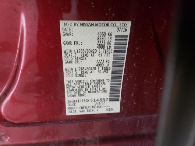 1N6BA1F43GN514862 - 2016 NISSAN TITAN XD SL RED photo 12