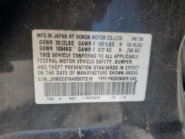 JHMGE87649S072215 - 2009 HONDA FIT SPORT BLACK photo 12