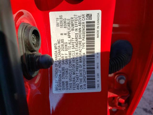 2HGFC2F81KH593104 - 2019 HONDA CIVIC SPORT 红色 照片 12