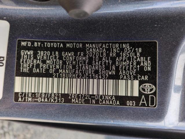 2T1BURHE2JC116437 - 2018 TOYOTA COROLLA L فحمي صورة 12