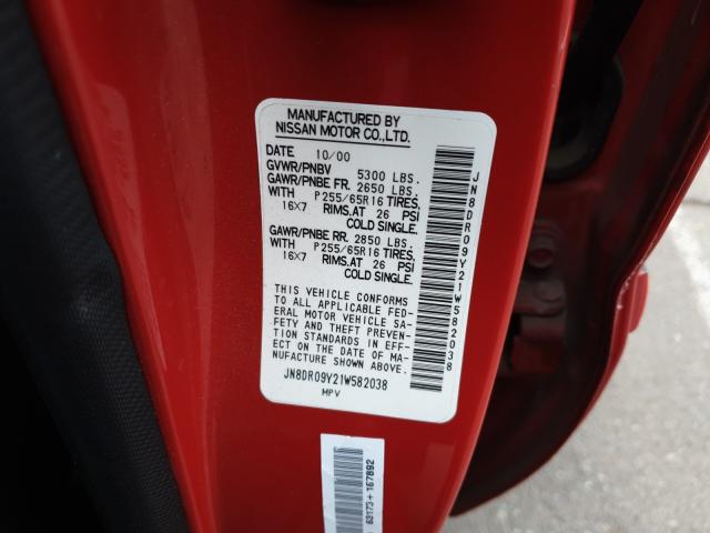 JN8DR09Y21W582038 - 2001 NISSAN PATHFINDER LE RED photo 10