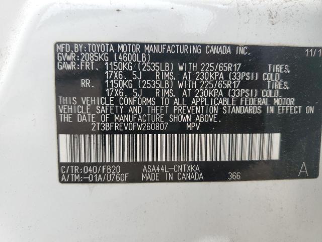 2T3BFREV0FW260807 - 2015 TOYOTA RAV4 LE WHITE photo 12