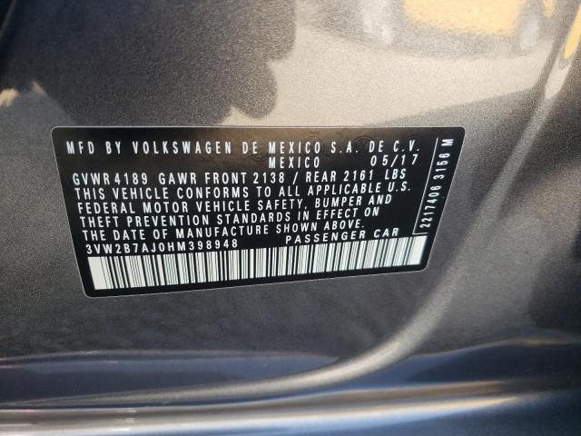3VW2B7AJ0HM398948 - 2017 VOLKSWAGEN JETTA S GRAY photo 12