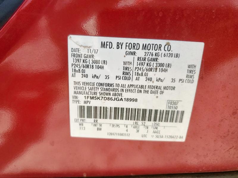 1FM5K7D86JGA18998 - 2018 FORD EXPLORER XLT Bordo foto 12