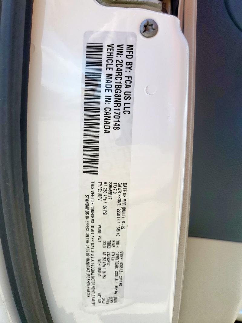 2C4RC1BG8NR170148 - 2022 CHRYSLER PACIFICA TOURING L WHITE photo 13