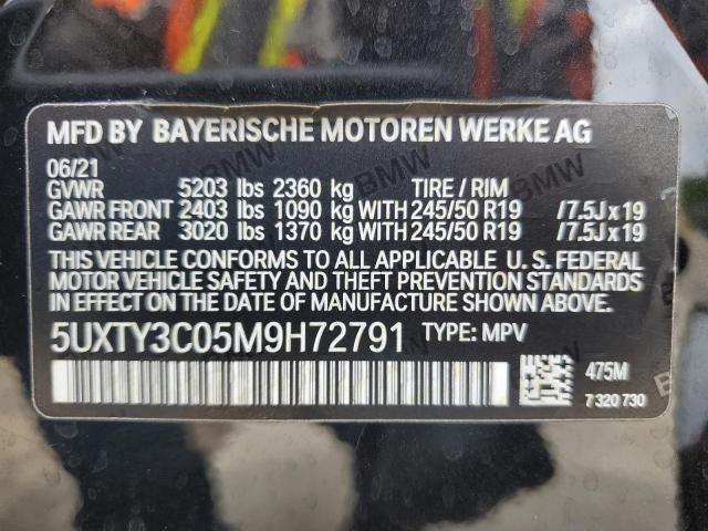 5UXTY3C05M9H72791 - 2021 BMW X3 SDRIVE30I BLACK photo 12