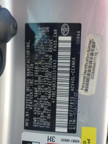 4T1BE46K29U331643 - 2009 TOYOTA CAMRY BASE SILVER photo 13