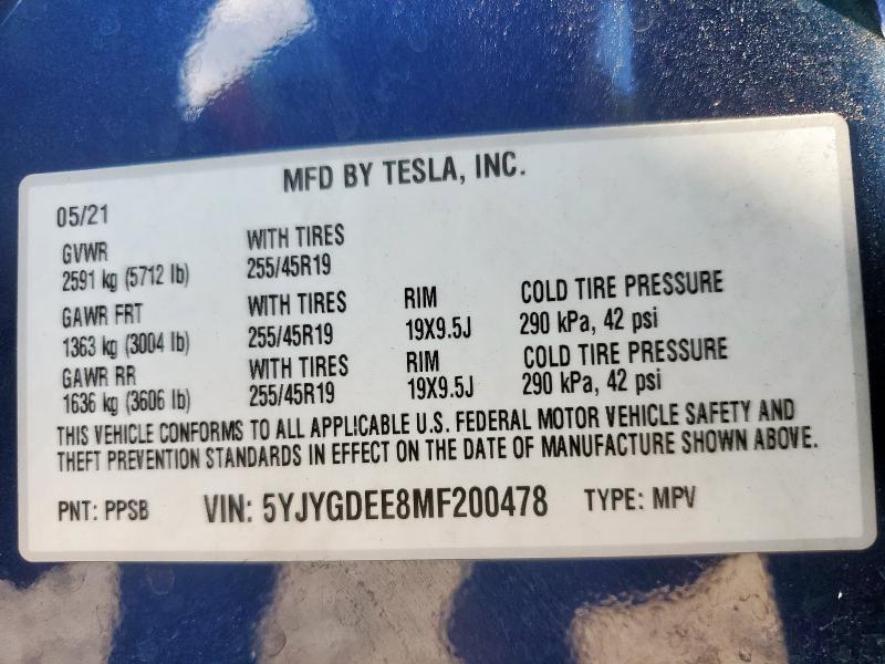 5YJYGDEE8MF200478 - 2021 TESLA MODEL Y 蓝色 照片 12