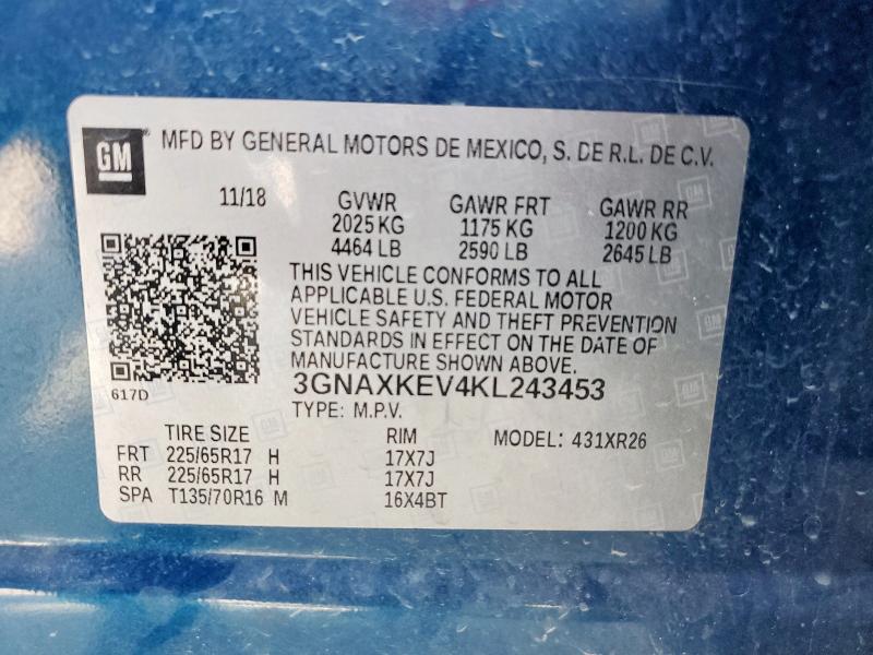 3GNAXKEV4KL243453 - 2019 CHEVROLET EQUINOX LT 蓝色 照片 14