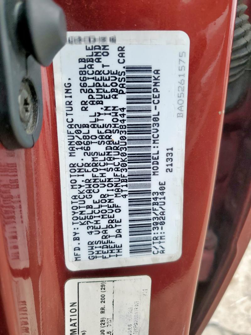 4T1BF30K03U038444 - 2003 TOYOTA CAMRY LE BURGUNDY photo 12