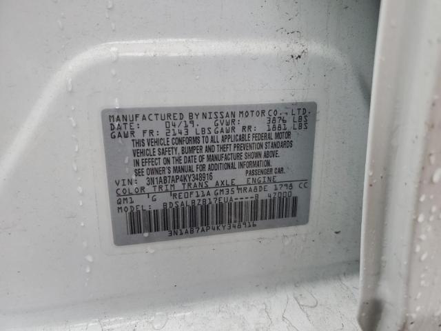 3N1AB7AP4KY348916 - 2019 NISSAN SENTRA S WHITE photo 12