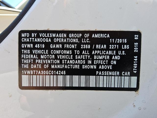 1VWBT7A30GC014245 - 2016 VOLKSWAGEN PASSAT SE Белый фото 12