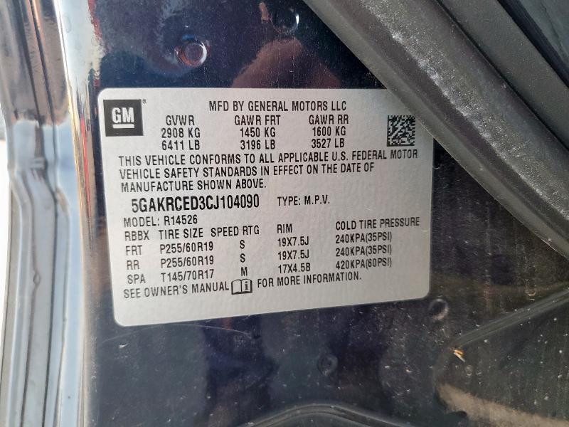 5GAKRCED3CJ104090 - 2012 BUICK ENCLAVE 黑色 照片 12