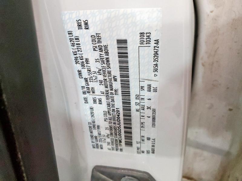 1FMCU0GD5JUD04201 - 2018 FORD ESCAPE SE 白色 照片 14