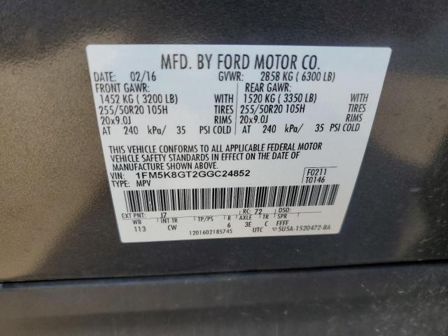 1FM5K8GT2GGC24852 - 2016 FORD EXPLORER SPORT GRAY photo 13