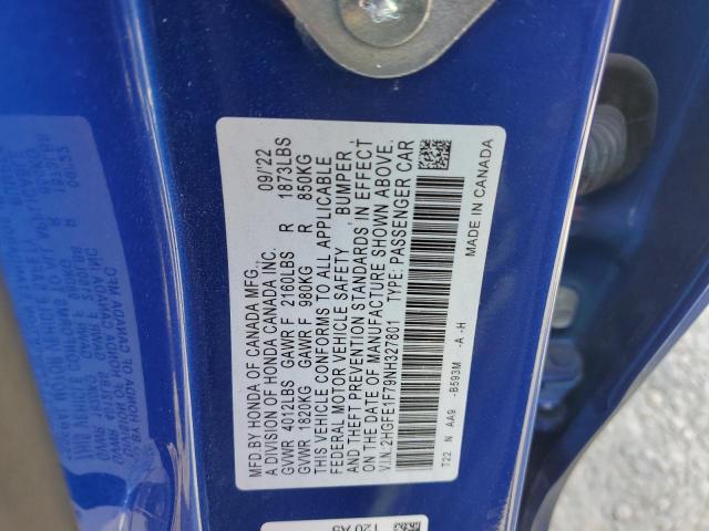 2HGFE1F79NH327801 - 2022 HONDA CIVIC EX BLUE photo 12