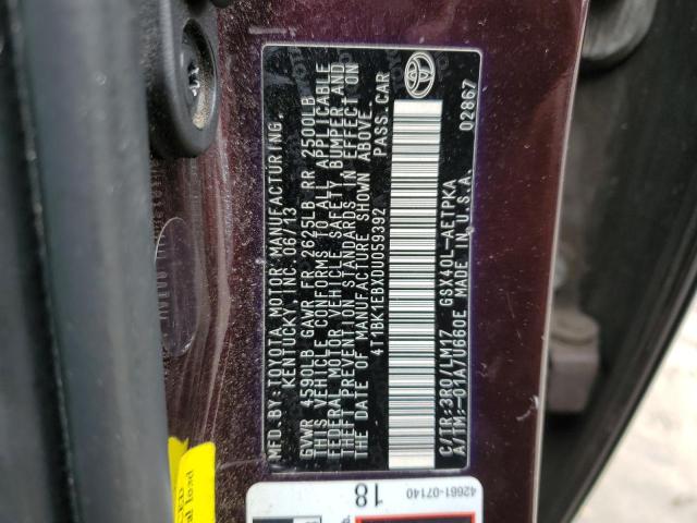 4T1BK1EBXDU059392 - 2013 TOYOTA AVALON BASE 勃艮第红 照片 12