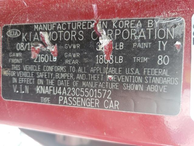 KNAFU4A23C5501572 - 2012 KIA FORTE EX RED photo 12
