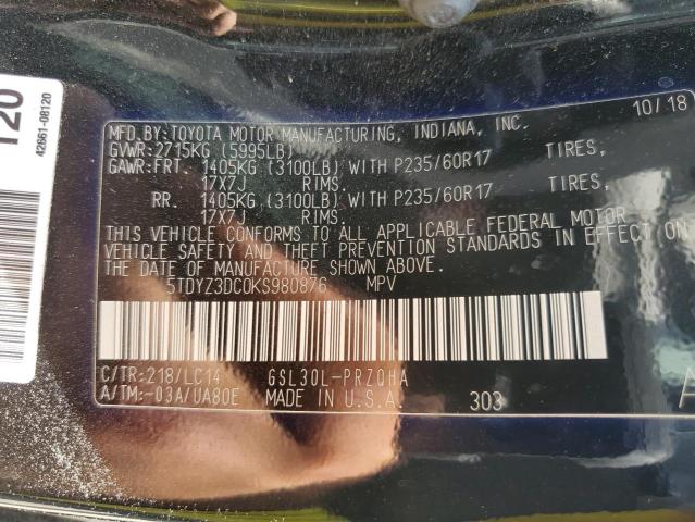 5TDYZ3DC0KS980876 - 2019 TOYOTA SIENNA XLE BLACK photo 13