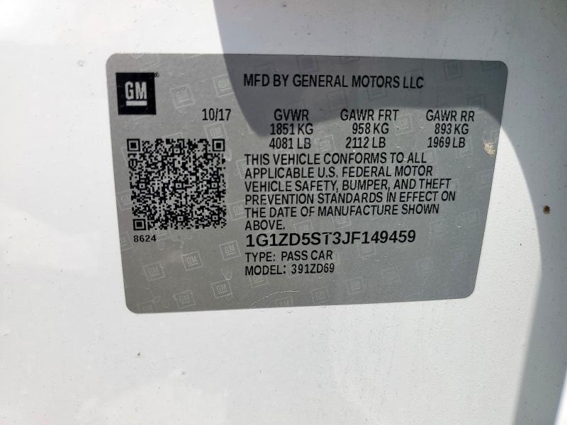 1G1ZD5ST3JF149459 - 2018 CHEVROLET MALIBU LT Beyaz fotoğraf 12