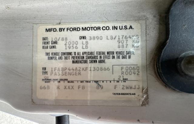 1FABP44A2KF130866 - 1989 FORD MUSTANG LX WHITE photo 10