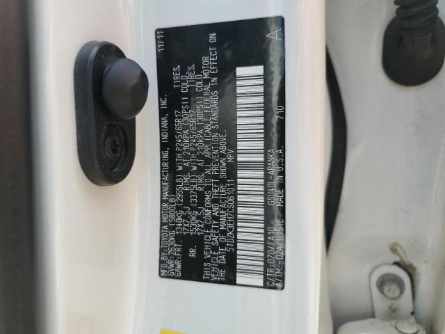 5TDZK3EH7CS061011 - 2012 TOYOTA HIGHLANDER BASE WHITE photo 12