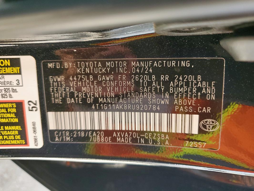 4T1G11AK8RU920784 - 2024 TOYOTA CAMRY SE NIGHT SHADE BLACK photo 12